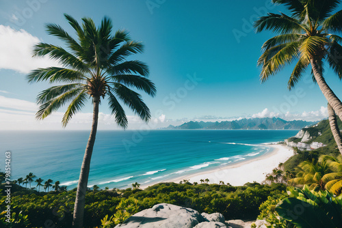 Scenery. Desert. Beautiful landscape with sea  mountains  palm trees. Background  wallpaper for computer  tablet.