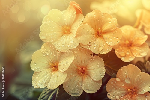 Vintage Spring Nature: Blooming Flowers Closeup with Morning Dew and Sun Toning