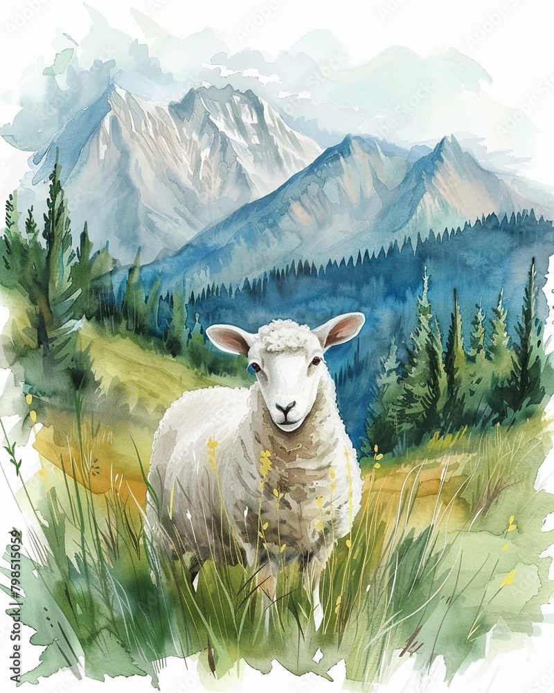 Watercolor of a cute sheep in the mountains, serene natural setting, vibrant bright pastels, hand drawn - obrazy, fototapety, plakaty 