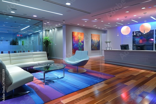 Abstract Corporate Elegance: Cool Color Palette, Modern Design, and Spacious Rooms in Professional Office Settings
