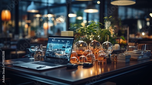Interior of a modern coffee shop. Table with a laptop and a bottle of whiskey.