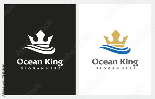 King Crown with Ocean Sea Wave logo design icon vector