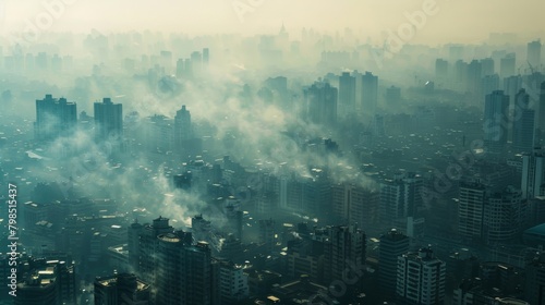 Densely Populated City Covered in Smog - Urban Pollution Concept © Exnoi