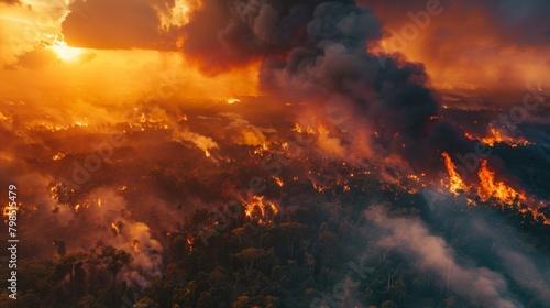 Forest Fire: Consequences of Poor Environmental Management and Climate Change - Vast Forest Engulfed in Flames and Smoke photo