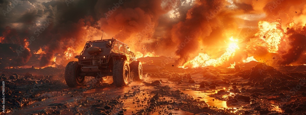 High-Tech Geothermal Energy Exploration Rover Drilling into Volcanic Landscapes for Energy Harnessing against Fiery Backdrop High-Tech Geothermal Energy Exploration Rover Drilling into Volcanic Landscapes for Energy Harnessing against Fiery Backdrop