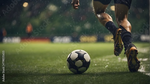A close-up shot captures a soccer player sprinting toward a wet ball on a vibrant green soccer field. Droplets of water spray up from the turf as the player's cleats make contact, adding to the dynami
