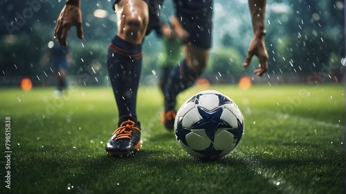 A close-up shot captures a soccer player sprinting toward a wet ball on a vibrant green soccer field. Droplets of water spray up from the turf as the player's cleats make contact, adding to the dynami photo