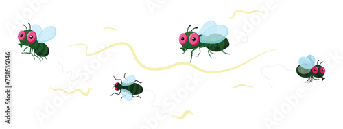 Set of cute flies cartoon with different expression
