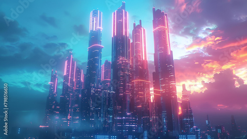 A futuristic city skyline illuminated by neon lights against a backdrop of rich blue and pink tones