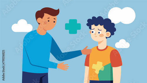 During a social skills group a young adult with Aspergers Syndrome receives guidance and support from a peer who has also navigated social challenges.. Vector illustration © Justlight