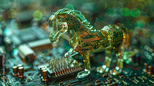 Trojan Horse GPU A Miniature Biopunk Cryptid Inhabiting a Zentangle Circuit Board Landscape photo
