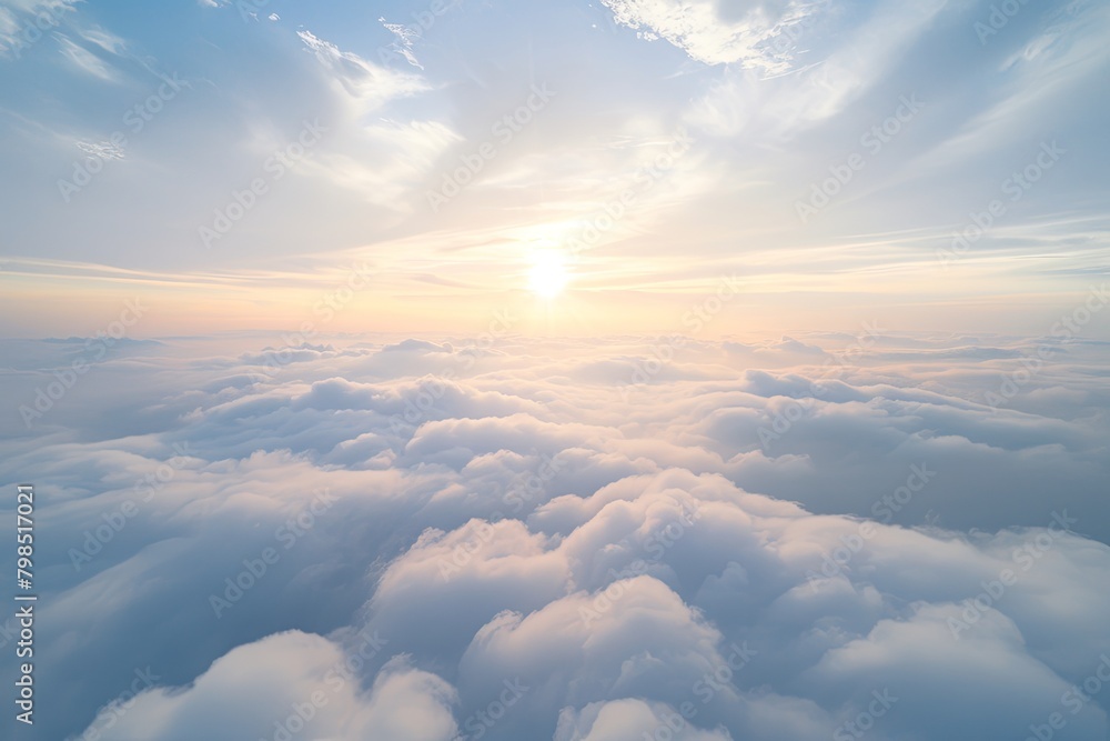 Naklejka premium High Altitude Bliss: Vibrant Morning Sky with Soft Clouds and Airplane Silhouette