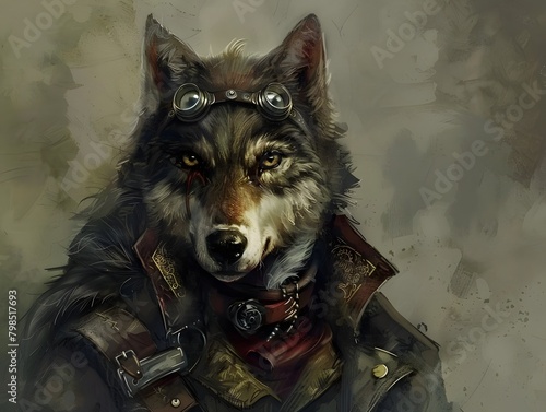 Fierce Steampunk Wolf Warrior Exploring the Wilderness
