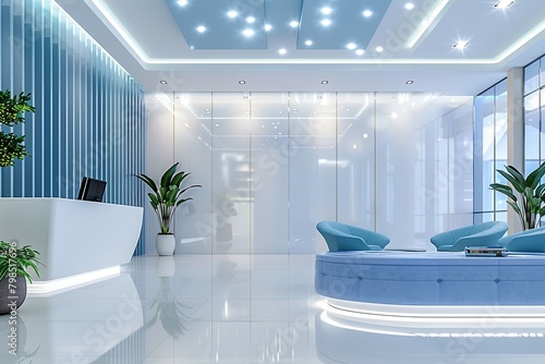 Soft Blue and White Modern Office with Luxurious Lobby  Abstract Bokeh Background 