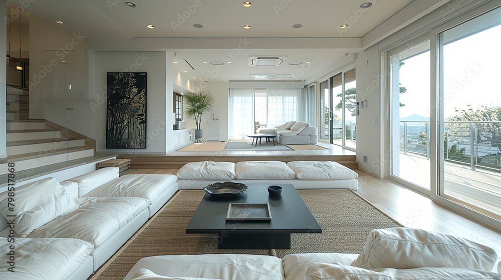 Fototapeta premium Stylish Minimalist bedroom with natural light, plants, and wooden furniture.