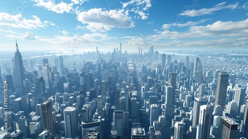 The image shows a cityscape with many tall buildings and a blue sky with white clouds in the background.