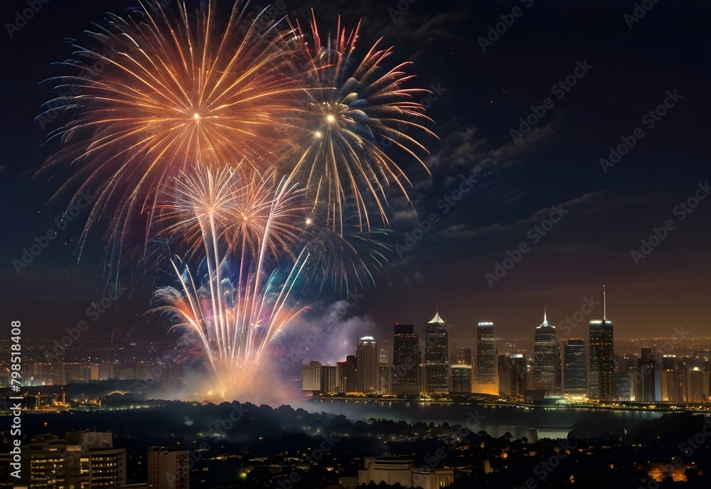 Fireworks bursting in a vivid display over a nighttime cityscape, generative AI Fireworks bursting in a vivid display over a nighttime cityscape, generative AI