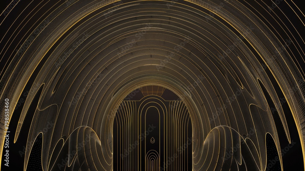 Fototapeta premium black and gold art design with thin lines and arches, logo in the middle, 16:9