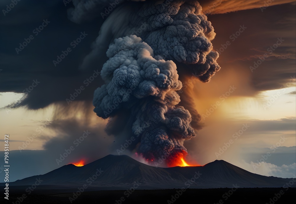 Volcanic eruption with lava spewing and ash cloud formation, generative AI - obrazy, fototapety, plakaty 