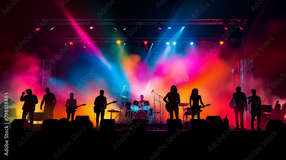 Colorful concert stage on festival, music instruments silhouettes background with text space, photo shot