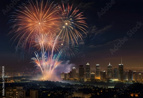Fireworks bursting in a vivid display over a nighttime cityscape, generative AI © Zohaib