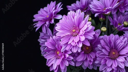 A bouquet of purple flowers with yellow centers against a black background  