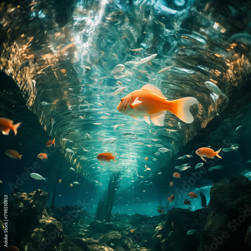 fish in aquarium, Colorful fish swimming in the turquoise water. Orange Garibaldi fish swimming among forest in the deep Ocean stock photo photo