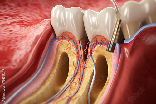 Periodontal Treatment: Visual representation of a periodontist performing scaling and root planing to remove plaque and tartar from below the gumline.