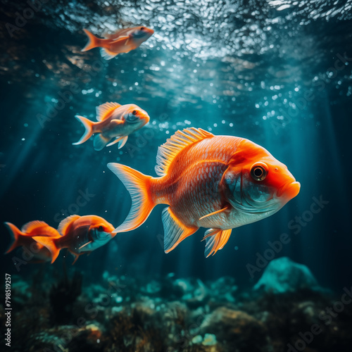 fish in the sea, Colorful fish swimming in the turquoise water. Orange Garibaldi fish swimming among forest in the deep Ocean stock photo