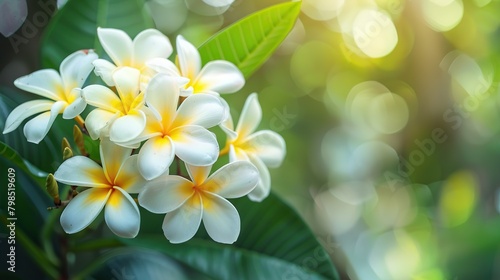 This is a close up image of three white and yellow plumeria flowers with green leaves in the background.  