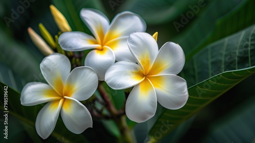 This is a close up image of three white and yellow plumeria flowers with green leaves in the background.
