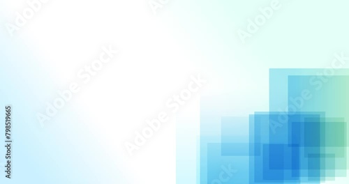 Loop animation of transparent blue and green squares on the bottom right of a white background with space for text. Suitable as a background for opening titles or presentations. UHD 4K 4096x2160 video