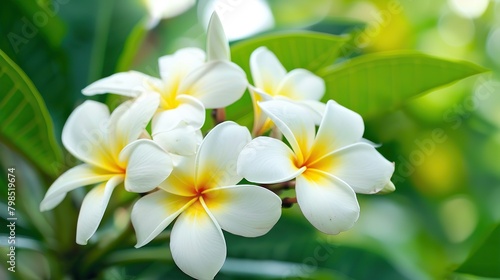 This is a close up image of three white and yellow plumeria flowers with green leaves in the background.   © Awais