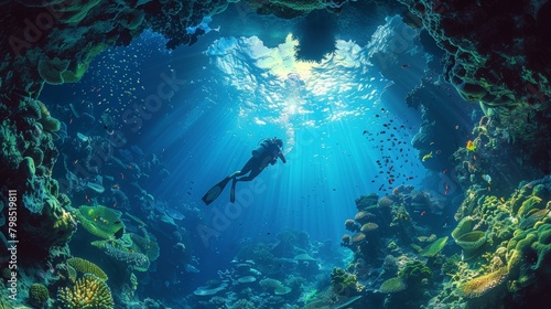 A lone scuba diver swims among colorful coral formations and tropical fish in a sunlit underwater scene.
