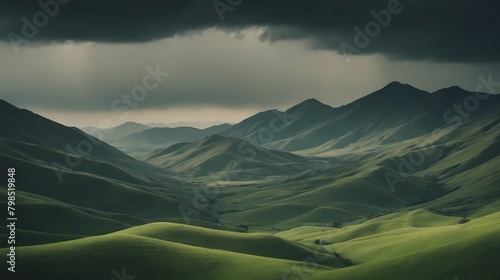 Background wallpaper illustration with abstract green landscape with hills and mountains. Thunder Sky. Generative AI, Generative, AI