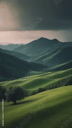 Background wallpaper illustration with abstract green landscape with hills and mountains. Thunder Sky. Generative AI, Generative, AI