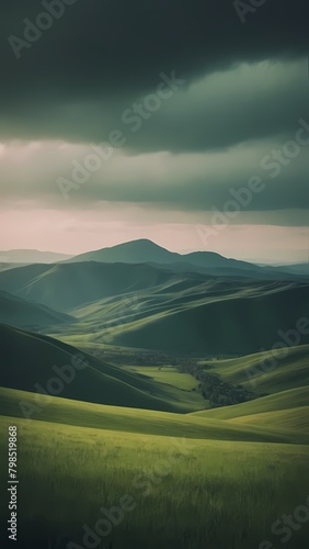 Background wallpaper illustration with abstract green landscape with hills and mountains. Thunder Sky. Generative AI  Generative  AI