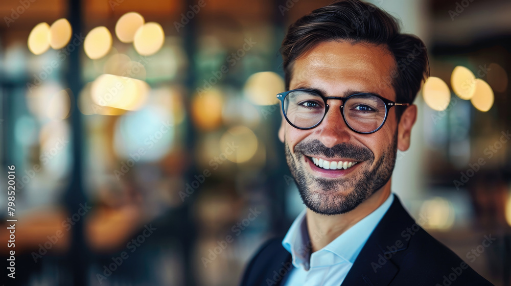Headshot of a successful young professional businessman in semi-formal clothes and glasses smiling friendly in a warm room with soft focus background Headshot of a successful young professional businessman in semi-formal clothes and glasses smiling friendly in a warm room with soft focus background