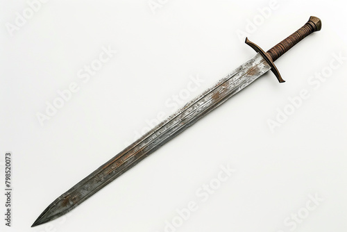 A sharp, double-edged sword standing upright on a solid white backdrop.