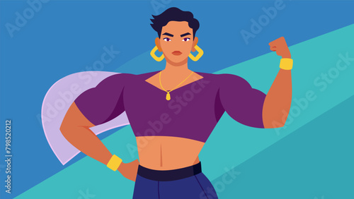 As he poses for a photoshoot a man confidently rocks a crop top and statement earrings challenging traditional gender roles and celebrating diverse.