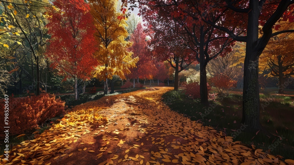 Beautiful yellow red and orange leaves in an autumn park on a br hyper realistic 