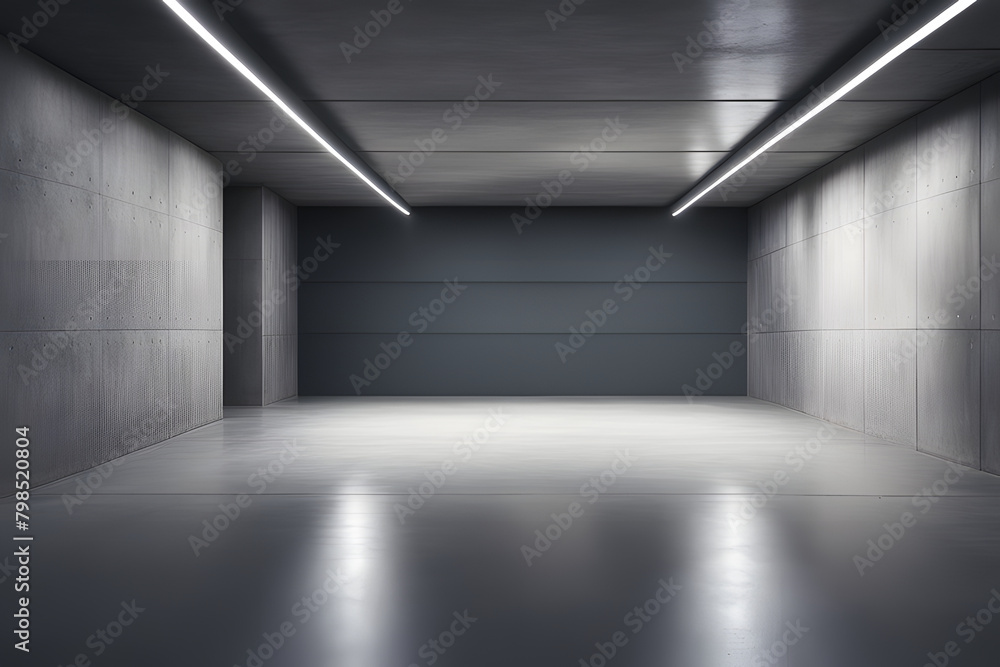 Fototapeta premium Empty underground garage with blank space and gray walls into modern minimalist environment 3d, revealing empty rooms and dust-covered floors