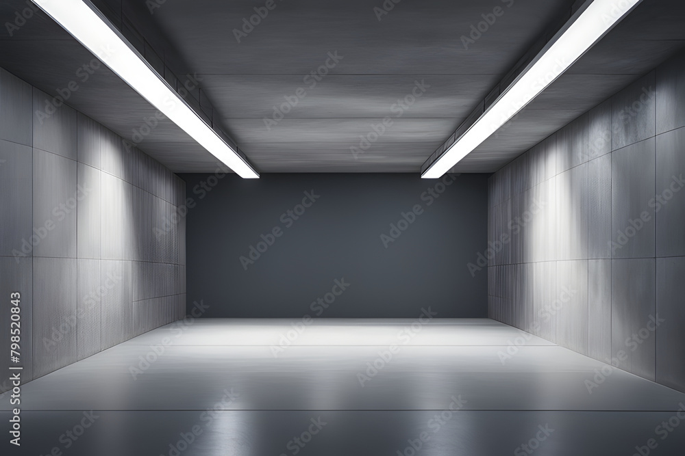 Empty underground garage with blank space and gray walls into modern minimalist environment 3d, revealing empty rooms and dust-covered floors Empty underground garage with blank space and gray walls into modern minimalist environment 3d, revealing empty rooms and dust-covered floors