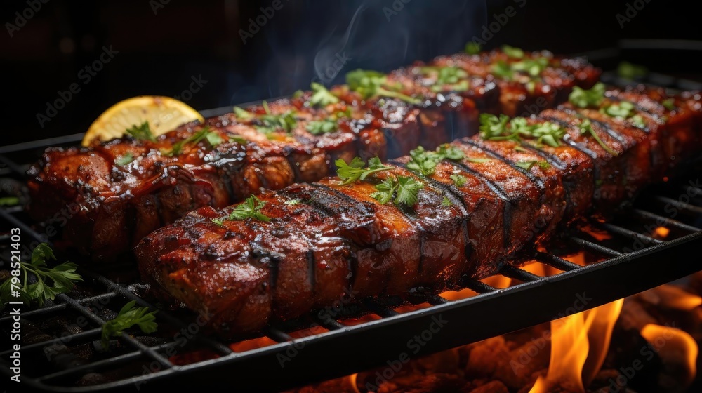 Realistic grilled barbeque with melted barbeque sauce and cut vegetables, black and blur background Realistic grilled barbeque with melted barbeque sauce and cut vegetables, black and blur background