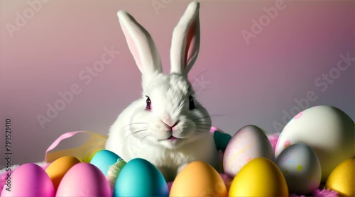 Easter Bunny Surrounded by Colorful Eggs and Spring Decorations photo