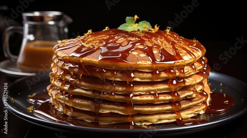 Close-Up of pile of pancakes with melted sweet syrup and fruit toppings with a blurred background