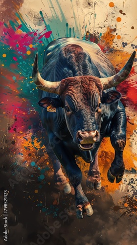 Portray the bull in a unique style with vibrant colors and intricate details showcasing the essence of a stock market surge from a low-angle perspective in a digital photorealistic rendering