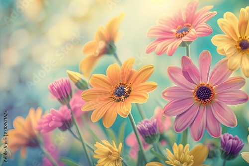Spring Toning Vintage Bloom: Closeup of Colorful Meadow Flowers on a Bright Day © Michael