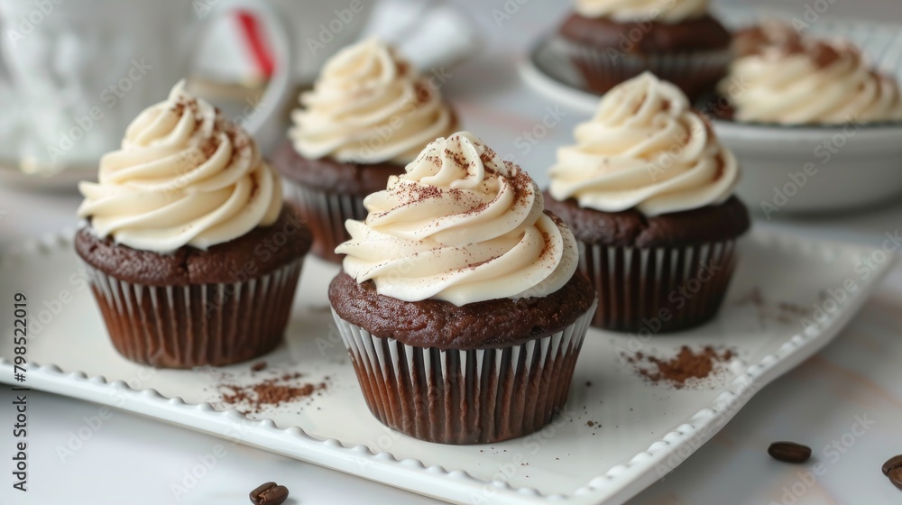 Vanilla frosted chocolate cupcakes with a side of coffee