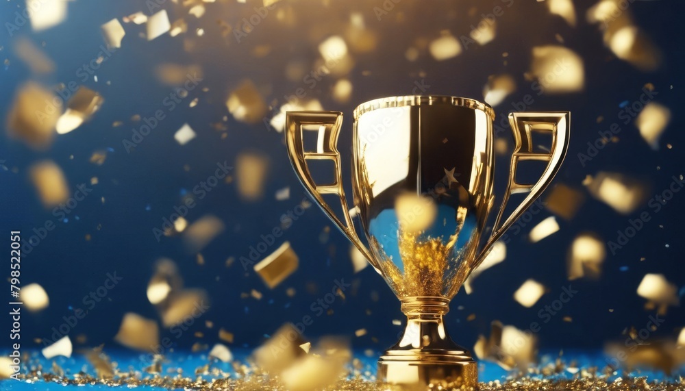 Naklejka premium 'dark golden AI Champion background. blue confetti Generation stars gold trophy cup prize succeed award sport star background reward spark contest victory winner best achieve first c'
